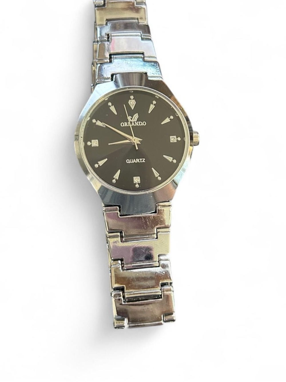 Men's Silver Stainless Steel Quartz Watch with Black Dial